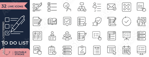 Fotografie To Do List, Task Management and Productivity Planner Minimal Line Icon Set