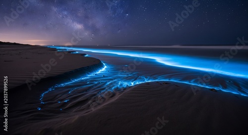 A beautiful night scene on a sandy beach with bright blue glowing ocean waves caused by bioluminescent plankton under a clear starry night sky with the Milky Way galaxy
