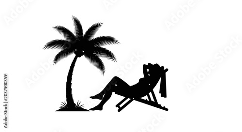 Vászonkép Black silhouette of a woman relaxing in a lounge chair under a palm tree