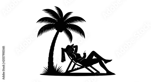 Fényképezés Silhouette of a woman relaxing in a deck chair under a palm tree.