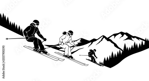 Quadro su tela Three skiers descending a snowy mountain slope.