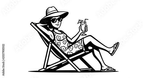 Billede på lærred Black and white line art illustration of a woman relaxing in a deck chair with a drink
