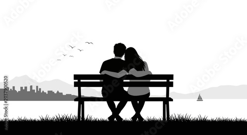 Silhouette of a young couple sitting together on a bench.