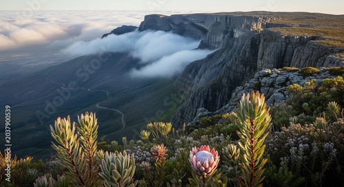 Thick Fog Rolling Over Table Mountain with Foreground Flowers