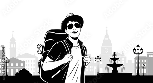 Photography A black and white line art illustration of a young backpacker traveler