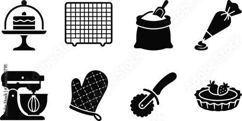 Billede på lærred Bakery and Kitchen Appliance Vector Icon Collection, cake oven mixer rolling pin