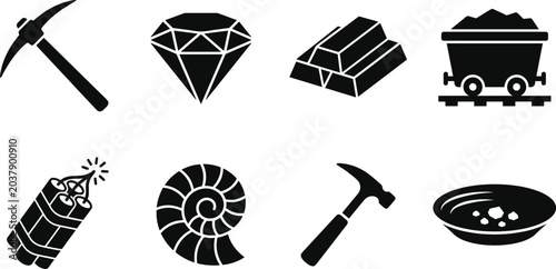 Bild auf Leinwand Mining and Natural Resources Vector Icon Collection, pickaxe diamond gold bar co