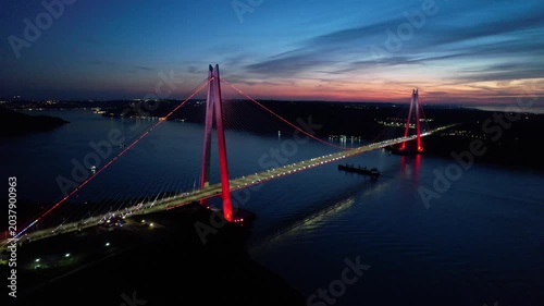Yavuz Sultan Selim Bridge in Istanbul, Turkey. Aerial view at sunset with drone. Colorful bridge and weather.