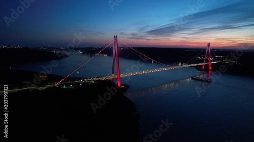 Yavuz Sultan Selim Bridge in Istanbul, Turkey. Aerial view at sunset with drone. Colorful bridge and weather.