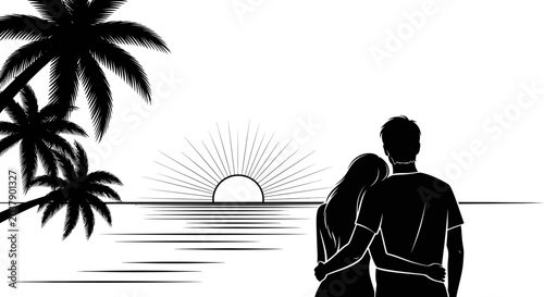 Photos A romantic couple standing together and looking at the sunset.