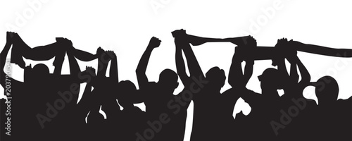Bild auf Leinwand Energetic silhouette of a crowd of football fans holding banners and flags in a celebration scene at the stadium, ideal for sports promotions, football match posters, fan parade illustrations