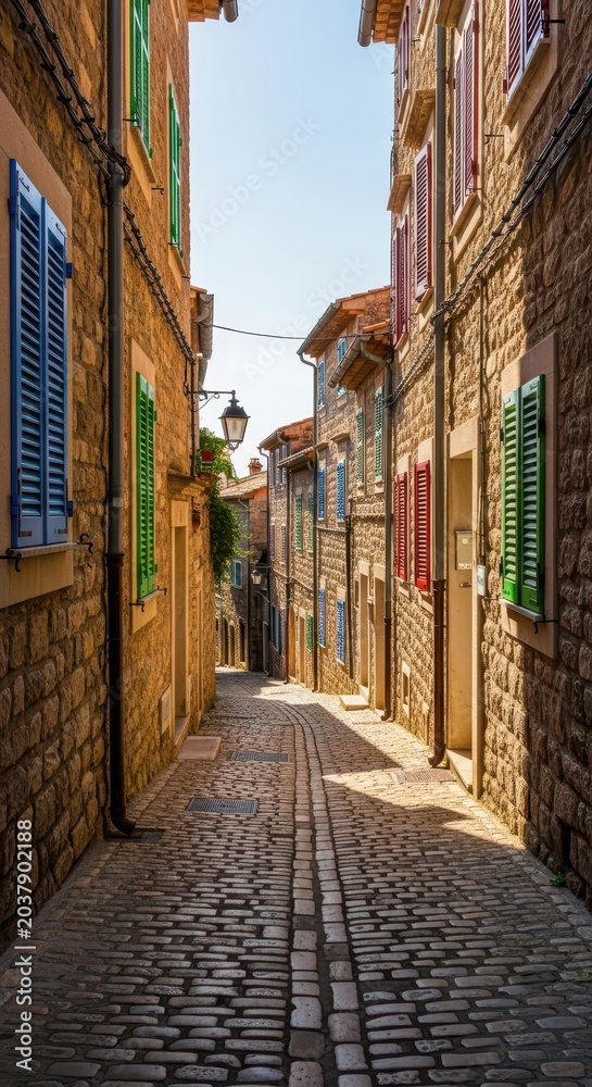 Fototapeta premium A winding, narrow cobbled street leading through an ancient European hillside town, featuring rustic stone walls and bright painted wooden shutters, beautiful, walls, traditional