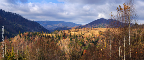 Autumn landscape, panorama – a picturesque view of the Carpathian Mountains in Ukraine near the village of Tukhlya, with Mount Makivka on the left and Mount Pohar and Mount Yarovishche in the center.