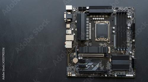 Computer motherboard with CPU socket and RAM slots, black electronic circuit board on dark background