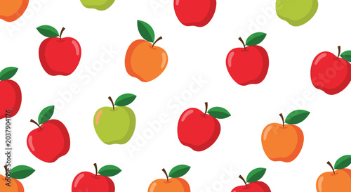 Vibrant seamless pattern showcases a variety of red, green, and orange apples, creating a fresh and healthy fruit-themed design.