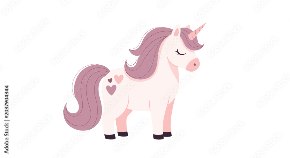Fototapeta premium Enchanting pink unicorn with a flowing purple mane and heart details stands gracefully, perfect for fairy tale or children?s book designs.