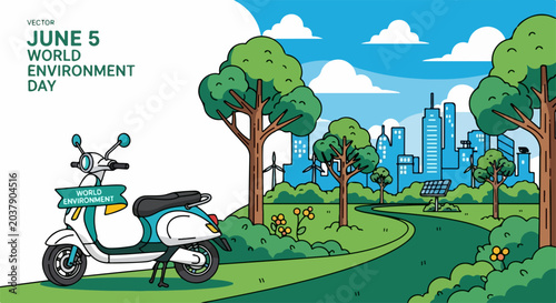electric scooter on winding road in green landscape