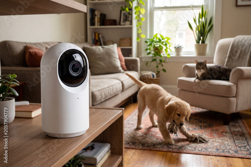 A sleek white smart pet monitor camera stands on a wooden shelf in a living room, tracking a golden retriever puppy playing with a toy and a cat relaxing on an armchair