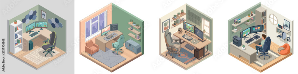 Naklejka premium Isometric Illustrations of Modern Home Office and Gaming Setups, Showcasing Compact and Ergonomic Digital Workstations with Multiple Screens for Productivity
