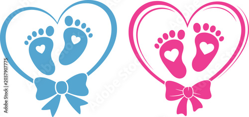 Φωτογραφία Baby footprint heart icons with bow in pink and blue for newborn announcement an