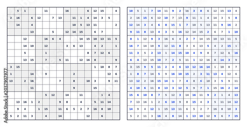 16x16 Sudoku digits 1 through 16. White background black grid blue highlighted answer