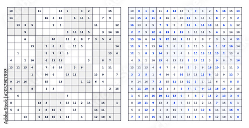 Large 16x16 Sudoku numbers 1 to 16. White background black grid blue solution.
