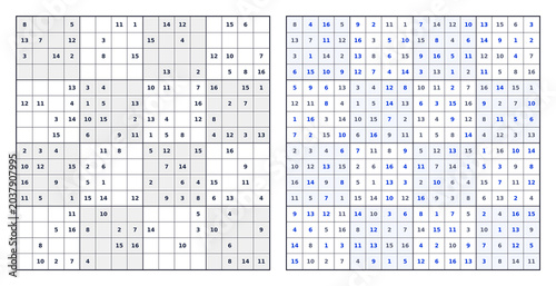Expert 16x16 Sudoku blue answer key. White background black grid numbers 1-16