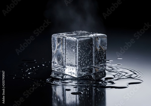 Perfect crystalline water cube melting slowly on a shiny, reflective surface. Captures the essence of coldness, temperature, and refreshing hydration, hydration, cooling, transparent