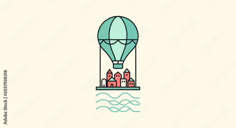 Fototapeta premium Hot air balloon above cityscape illustration