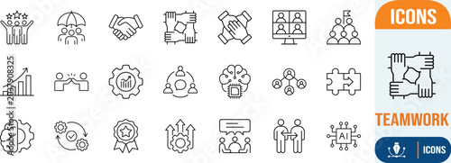 Corporate teamwork success strategy growth icons. team icon set, gear icon set, brain icon set