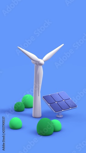 Renewable Energy Landscape Animation. Wind Turbines and Solar Power Scene.
