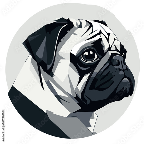 Pug dog head black and white vector illustration avatar in circular frame