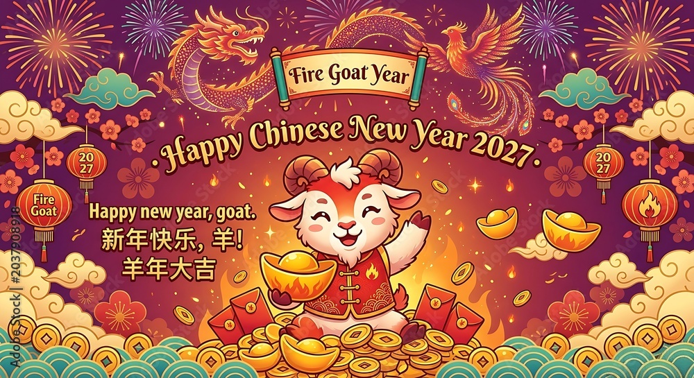 Fototapeta premium Happy New Year Goat 2027 Chinese Zodiac Illustration