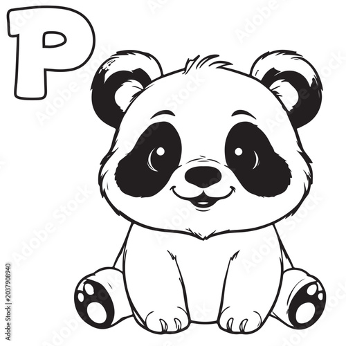Letter P for panda coloring page vector illustration for kids