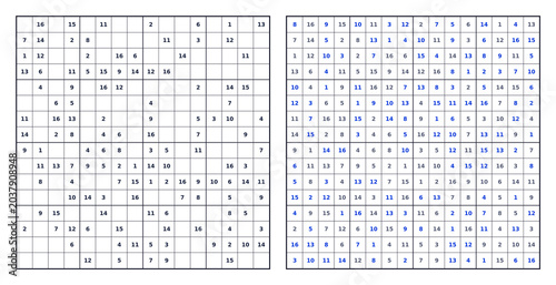 16x16 Sudoku digits 1 through 16. No background black grid blue highlighted answer