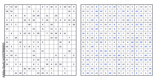 Expert 16x16 Sudoku blue answer key. Transparent background black grid numbers 1-16
