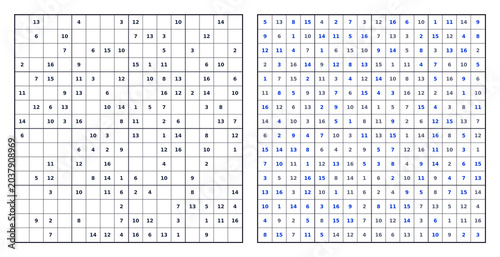 Large 16x16 Sudoku numbers 1 to 16. Transparent background black grid blue solution