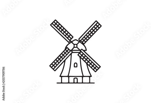 Windmill icon, black line drawing, simple mill illustration, renewable energy symbol