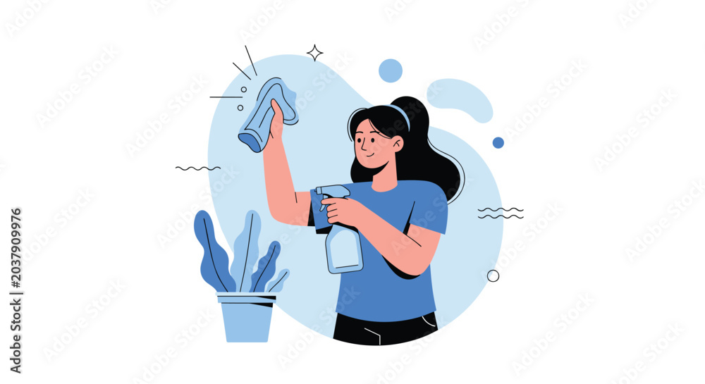 Fototapeta premium Young woman wearing a blue t-shirt is busy cleaning and disinfecting surfaces with a spray bottle and a cloth in a modern flat vector illustration.