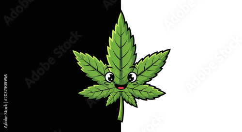 A cartoon cannabis leaf with a smiling face on a black and white background.