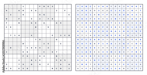 Hexadoku style 16x16 using 1-9 and A-G. White background black grid blue answer