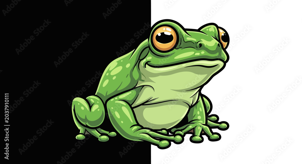 Fototapeta premium A cartoon green frog sitting calmly.