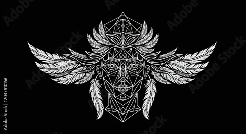 Schilderij op canvas Geometric female face with feather wings