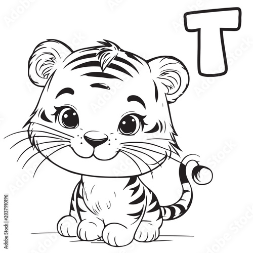 Letter T for tiger coloring page vector illustration for kids