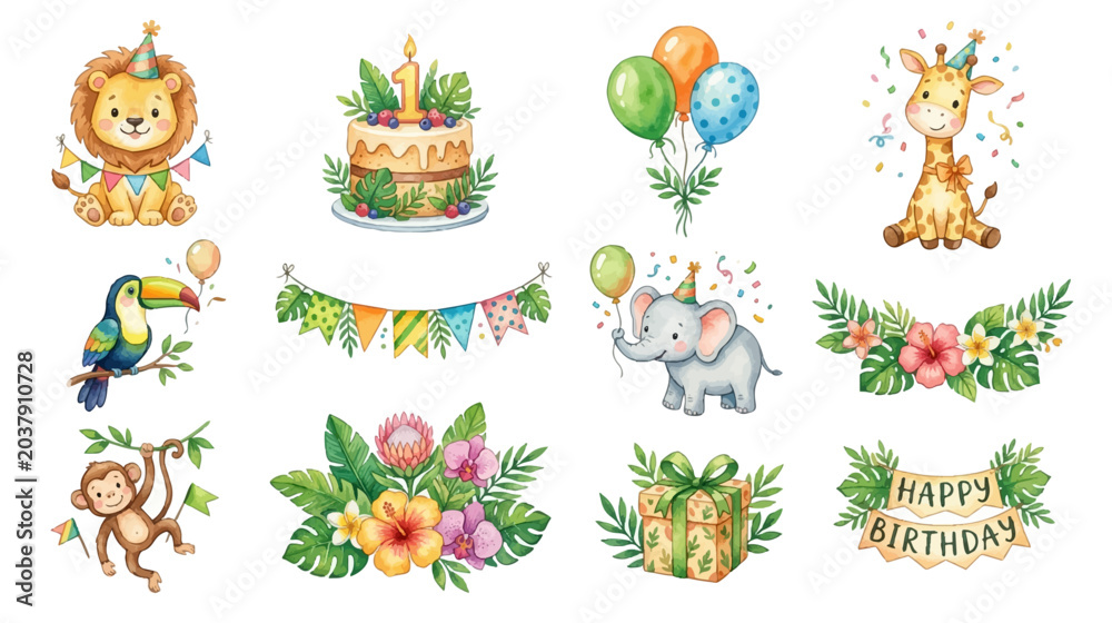 Fototapeta premium Cute watercolor tropical birthday animals clipart with balloons and party elements. Collection of Vector illustrations for invitation, card, poster, banner, decoration