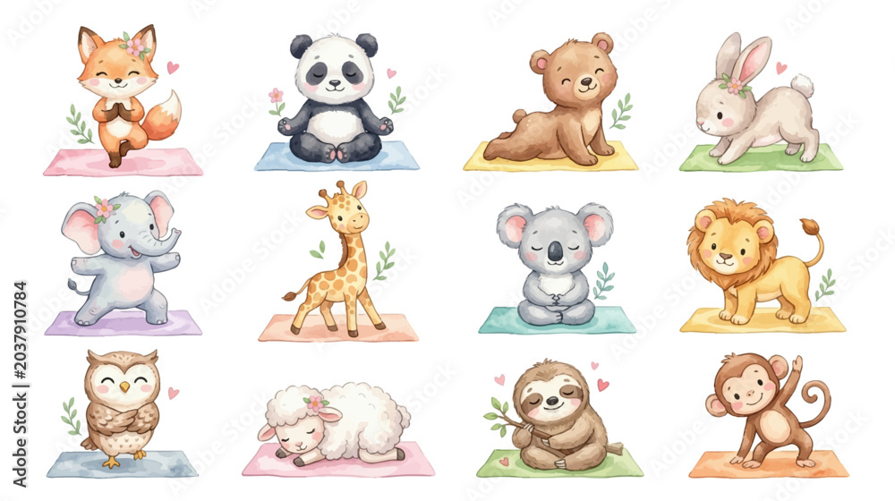 Fototapeta premium Cute watercolor yoga animals clipart with meditation poses and pastel mats. Collection of Vector illustrations for invitation, card, poster, banner, decoration