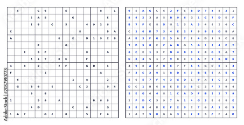 Expert 16x16 Sudoku blue answer key with digits and letters. Transparent background