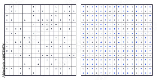 16x16 Sudoku digits 1-9 letters A-G. Transparent background black grid blue solution