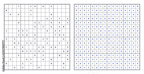 Hexadoku 16x16 using 1-9 and A-G. No background black grid blue highlighted answer