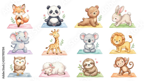 Canvas Print Cute watercolor yoga animals clipart with meditation poses and pastel mats